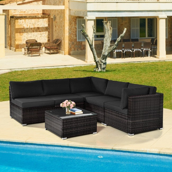 6 Pieces Outdoor Rattan Sectional Conversation Sofa Set Patio Furniture Set with Cushion and Table