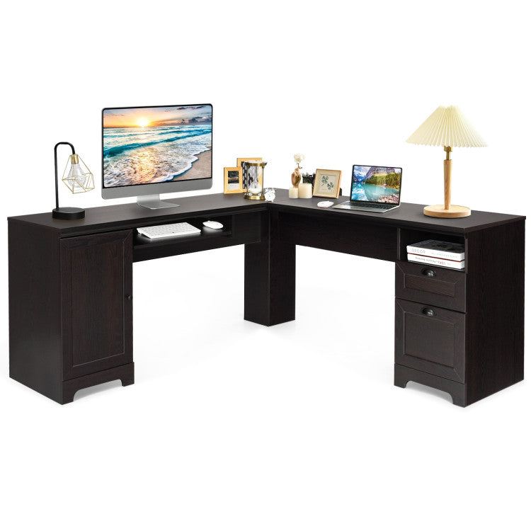 66 x 66 Inch L-Shaped Desk Corner Computer Office Workstation with Handy Drawer Set and Storage Cabinet