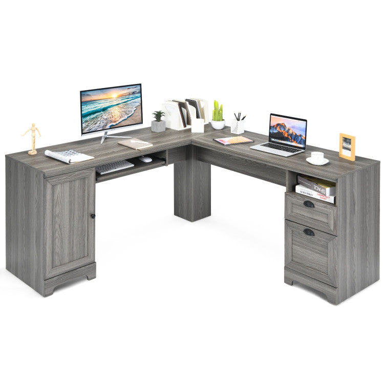 66 x 66 Inch L-Shaped Desk Corner Computer Office Workstation with Handy Drawer Set and Storage Cabinet