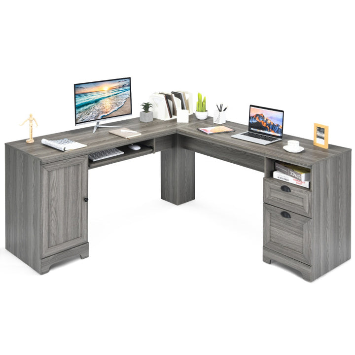 66 x 66 Inch L-Shaped Desk Corner Computer Office Workstation with Handy Drawer Set and Storage Cabinet