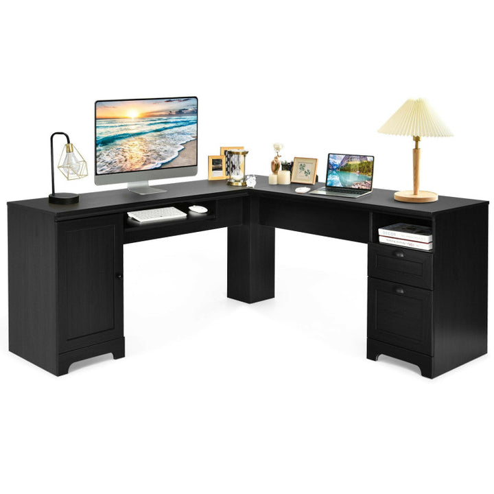 66 x 66 Inch L-Shaped Desk Corner Computer Office Workstation with Handy Drawer Set and Storage Cabinet
