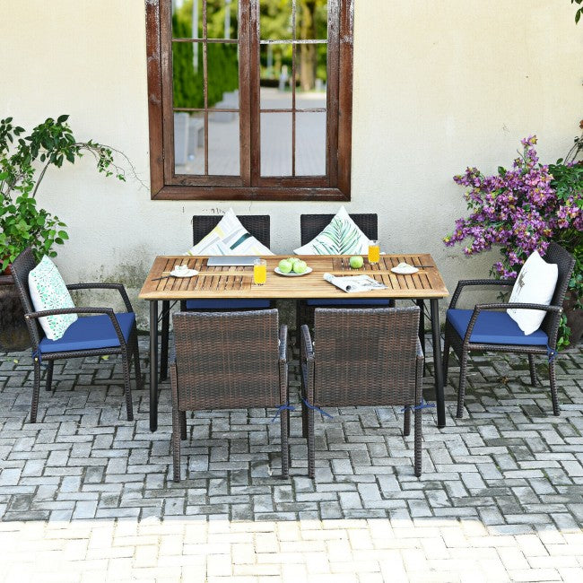 7 Pieces Outdoor Patio Rattan Dining Set Conversation Set with Soft Cushion and Umbrella Hole