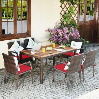 7 Pieces Outdoor Patio Rattan Dining Set Conversation Set with Soft Cushion and Umbrella Hole