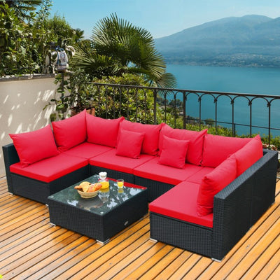 7 Pieces Outdoor Patio Rattan Furniture Set Wicker Sofa Sectional Conversation Set with Cushions and Tempered Glass Tea Table