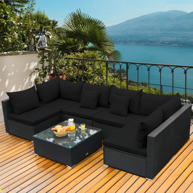 7 Pieces Outdoor Patio Rattan Furniture Set Wicker Sofa Sectional Conversation Set with Cushions and Tempered Glass Tea Table