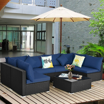 7 Pieces Outdoor Patio Rattan Furniture Set Wicker Sofa Sectional Conversation Set with Cushions and Tempered Glass Tea Table