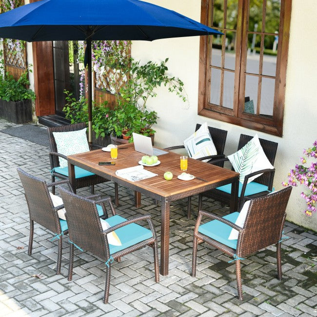 7 Pieces Outdoor Patio Rattan Dining Set Conversation Set with Soft Cushion and Umbrella Hole