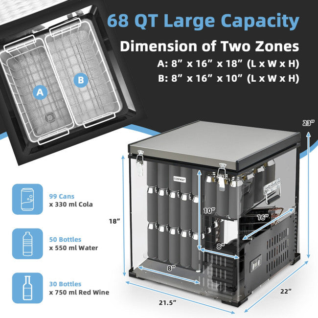 68 Quart Portable Car Refrigerator Chest Freezer Electric Compressor Fridge Cooler with AC and DC Adapter