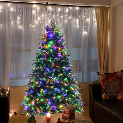 6FT Pre-Lit Snowy Hinged Artificial Christmas Tree with Multicolor LED Lights and Flash Modes