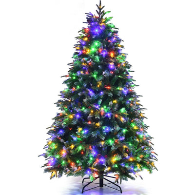 6FT Pre-Lit Snowy Hinged Artificial Christmas Tree with Multicolor LED Lights and Flash Modes