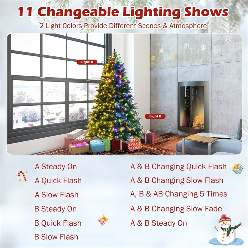 6FT Pre-Lit Snowy Hinged Artificial Christmas Tree with Multicolor LED Lights and Flash Modes