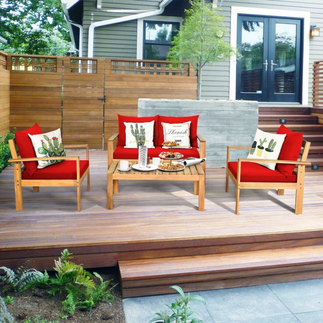 Outdoor 4 Pieces Acacia Wood Loveseat Chat Set Patio Furniture Conversation Sofa Set with Cushion and Coffee Table