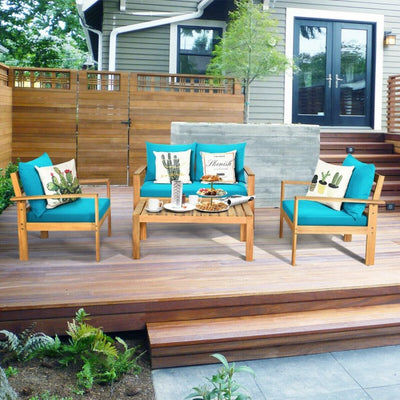 Outdoor 4 Pieces Acacia Wood Loveseat Chat Set Patio Furniture Conversation Sofa Set with Cushion and Coffee Table