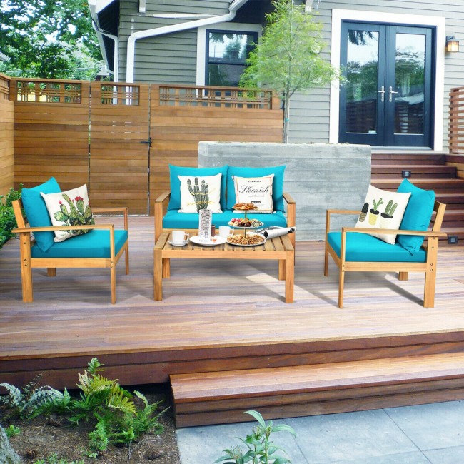 Outdoor 4 Pieces Acacia Wood Loveseat Chat Set Patio Furniture Conversation Sofa Set with Cushion and Coffee Table