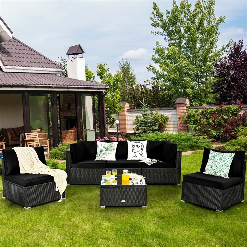6 Pcs Patio Rattan Furniture Set with Cushioned Sofa and Coffee Table