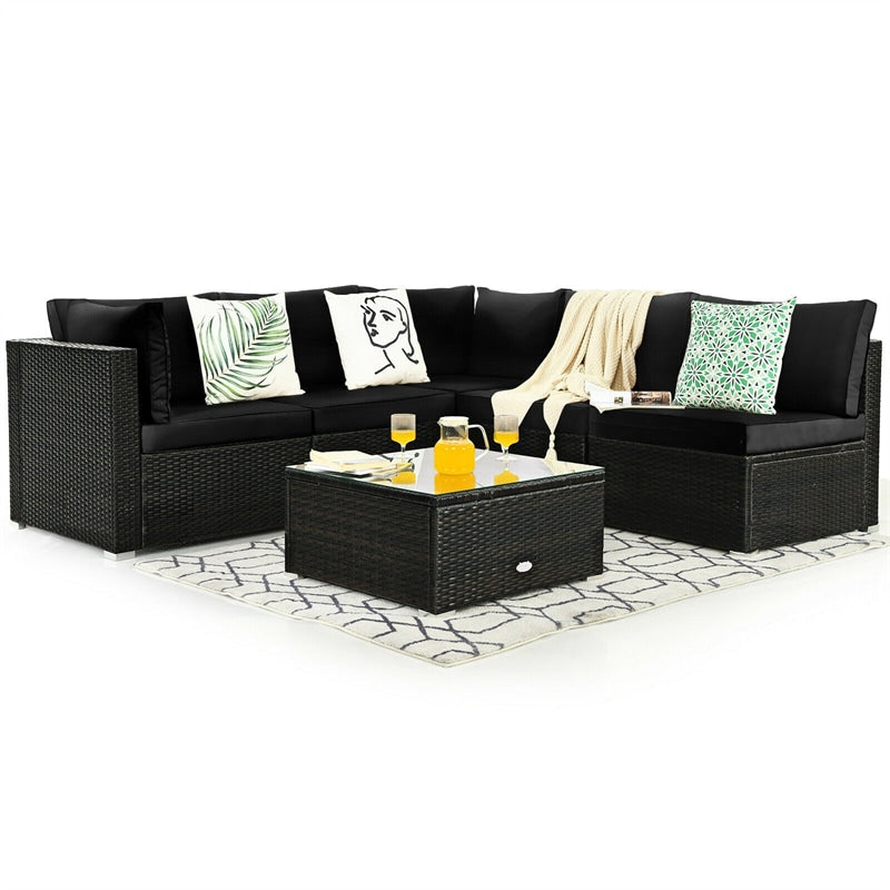 6 Pcs Patio Rattan Furniture Set with Cushioned Sofa and Coffee Table