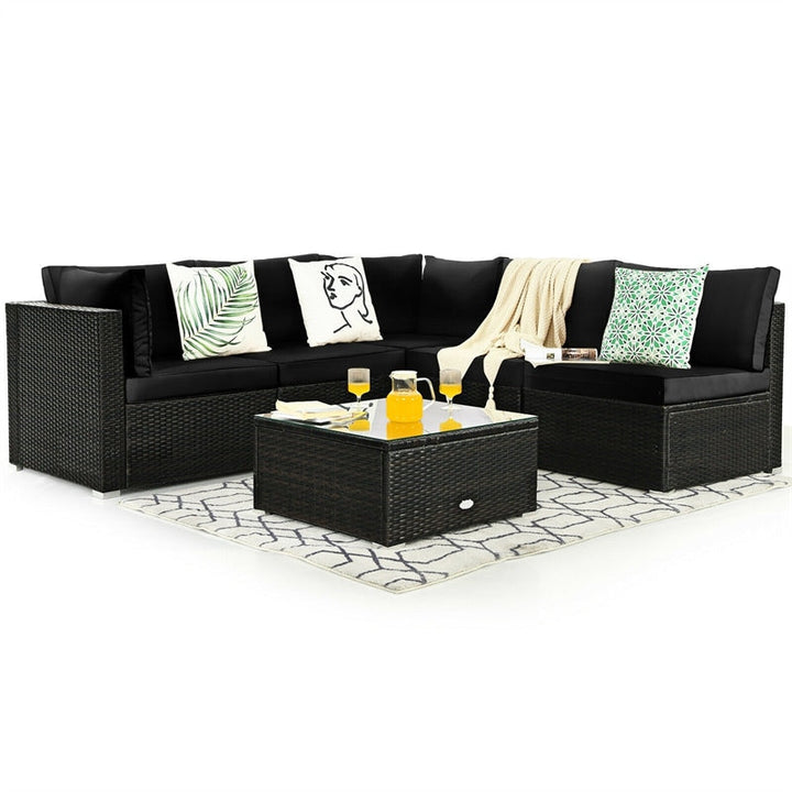 6 Pcs Patio Rattan Furniture Set with Cushioned Sofa and Coffee Table