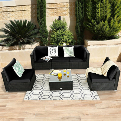 6 Pcs Patio Rattan Furniture Set with Cushioned Sofa and Coffee Table