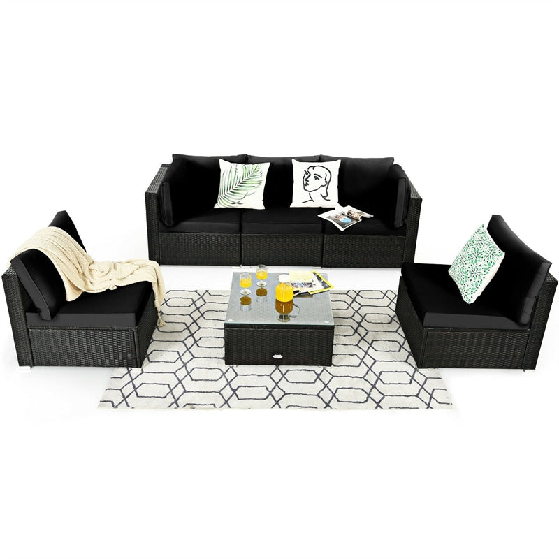 6 Pcs Patio Rattan Furniture Set with Cushioned Sofa and Coffee Table