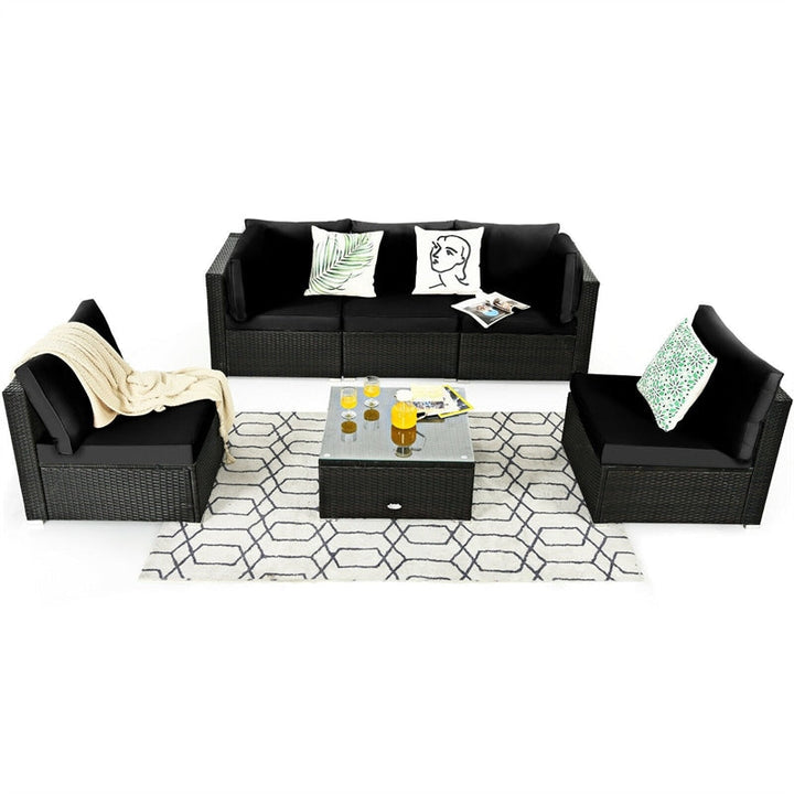6 Pcs Patio Rattan Furniture Set with Cushioned Sofa and Coffee Table