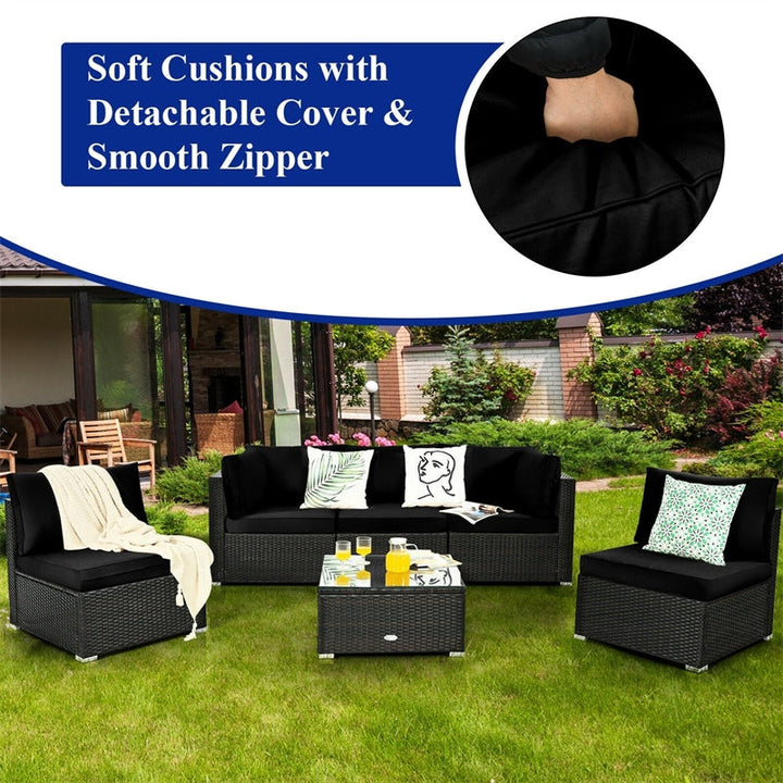 6 Pcs Patio Rattan Furniture Set with Cushioned Sofa and Coffee Table