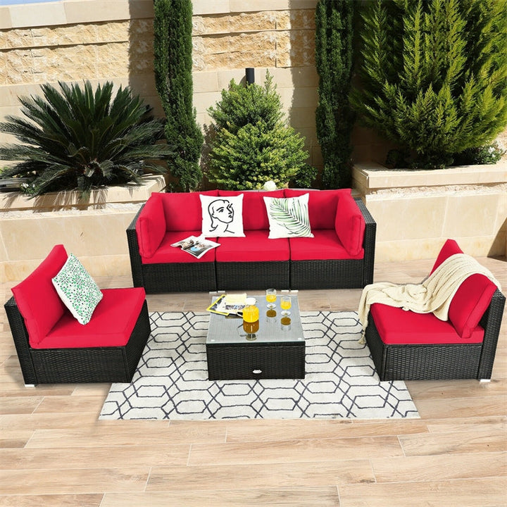 6 Pcs Patio Rattan Furniture Set with Cushioned Sofa and Coffee Table