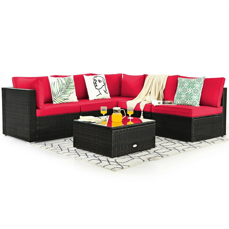 6 Pcs Patio Rattan Furniture Set with Cushioned Sofa and Coffee Table