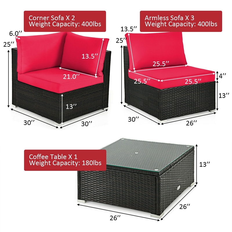 6 Pcs Patio Rattan Furniture Set with Cushioned Sofa and Coffee Table
