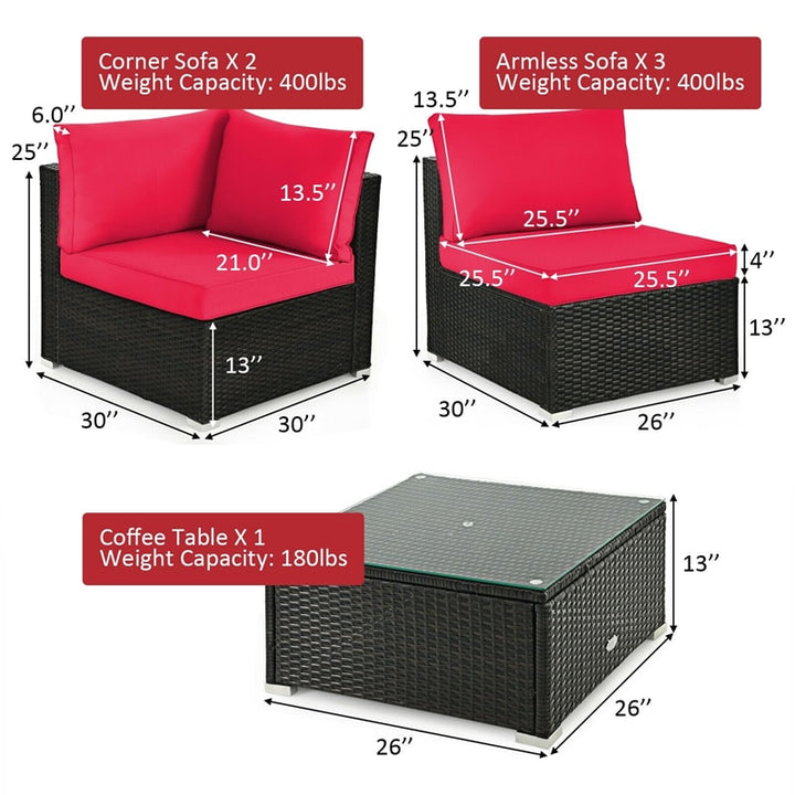 6 Pcs Patio Rattan Furniture Set with Cushioned Sofa and Coffee Table