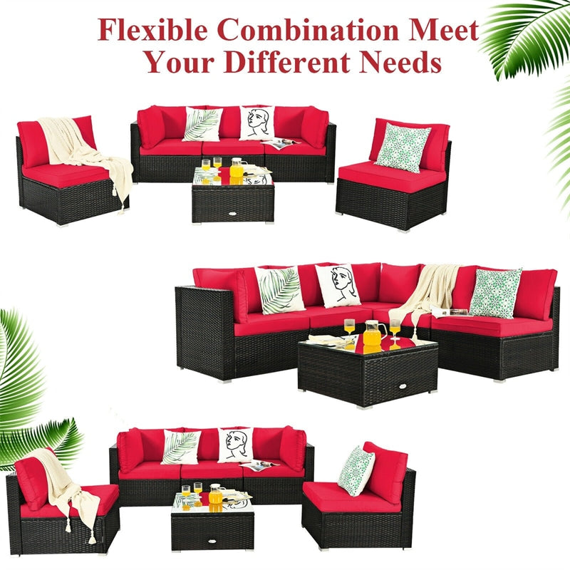 6 Pcs Patio Rattan Furniture Set with Cushioned Sofa and Coffee Table