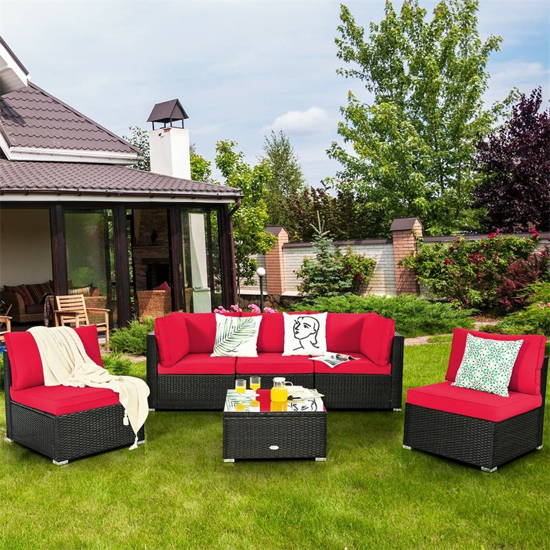 6 Pcs Patio Rattan Furniture Set with Cushioned Sofa and Coffee Table