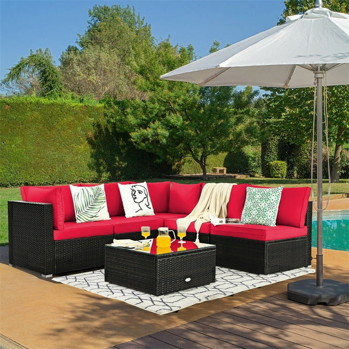 6 Pcs Patio Rattan Furniture Set with Cushioned Sofa and Coffee Table