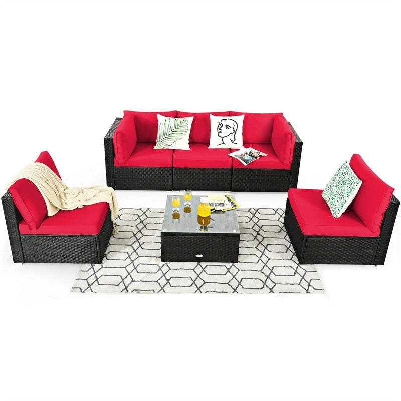 6 Pcs Patio Rattan Furniture Set with Cushioned Sofa and Coffee Table
