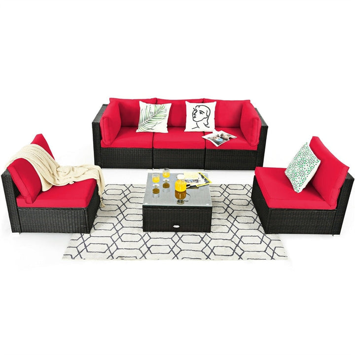 6 Pcs Patio Rattan Furniture Set with Cushioned Sofa and Coffee Table
