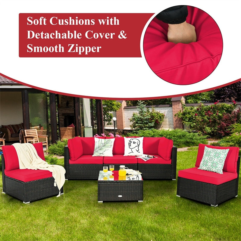 6 Pcs Patio Rattan Furniture Set with Cushioned Sofa and Coffee Table