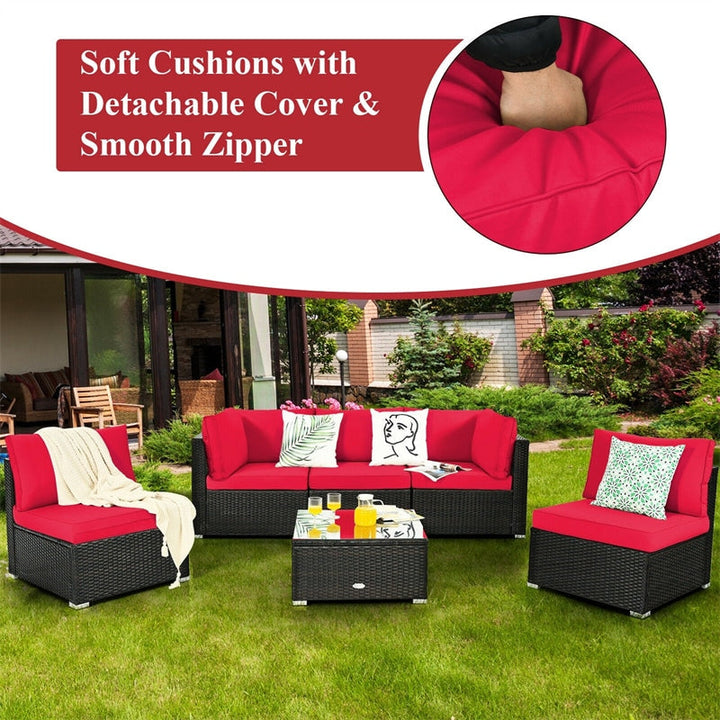 6 Pcs Patio Rattan Furniture Set with Cushioned Sofa and Coffee Table
