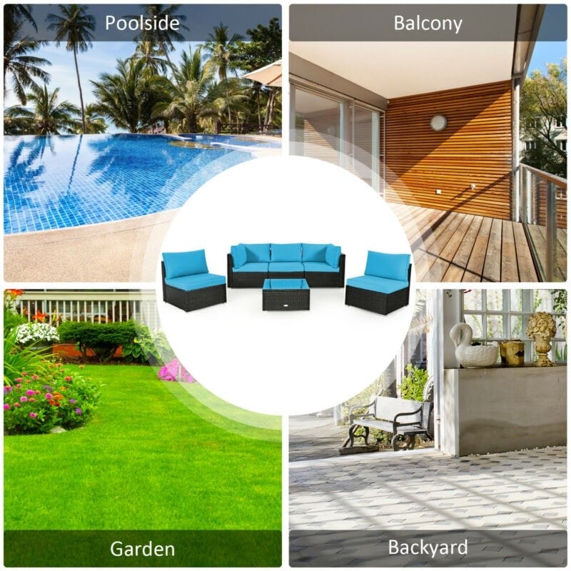6 Pcs Patio Rattan Furniture Set with Cushioned Sofa and Coffee Table
