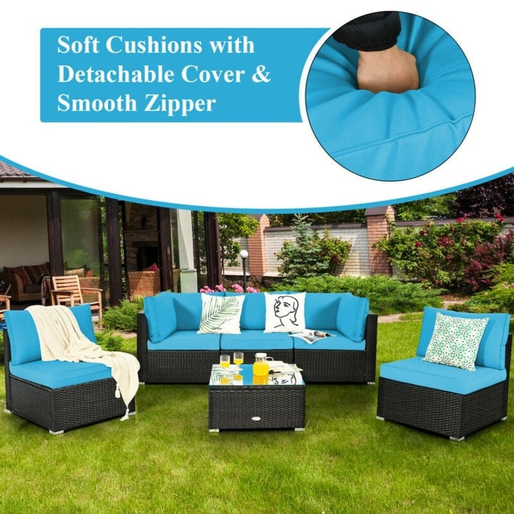 6 Pcs Patio Rattan Furniture Set with Cushioned Sofa and Coffee Table