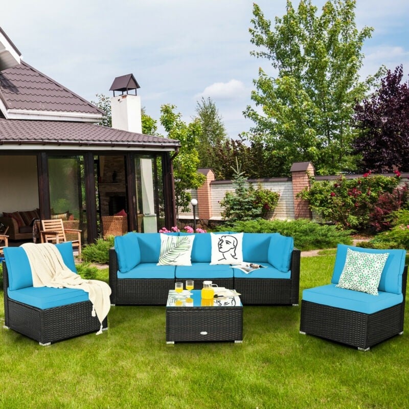 6 Pcs Patio Rattan Furniture Set with Cushioned Sofa and Coffee Table