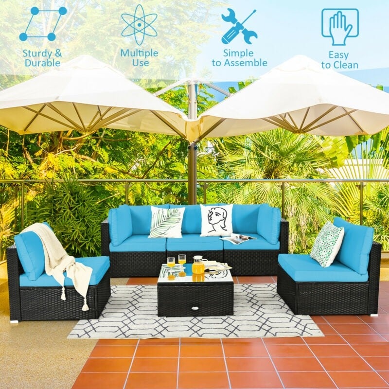 6 Pcs Patio Rattan Furniture Set with Cushioned Sofa and Coffee Table