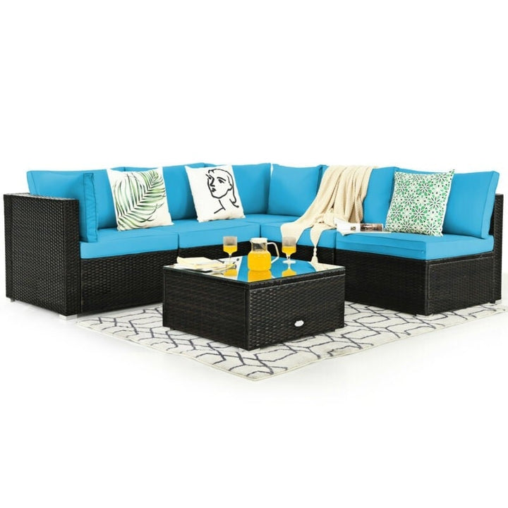 6 Pcs Patio Rattan Furniture Set with Cushioned Sofa and Coffee Table