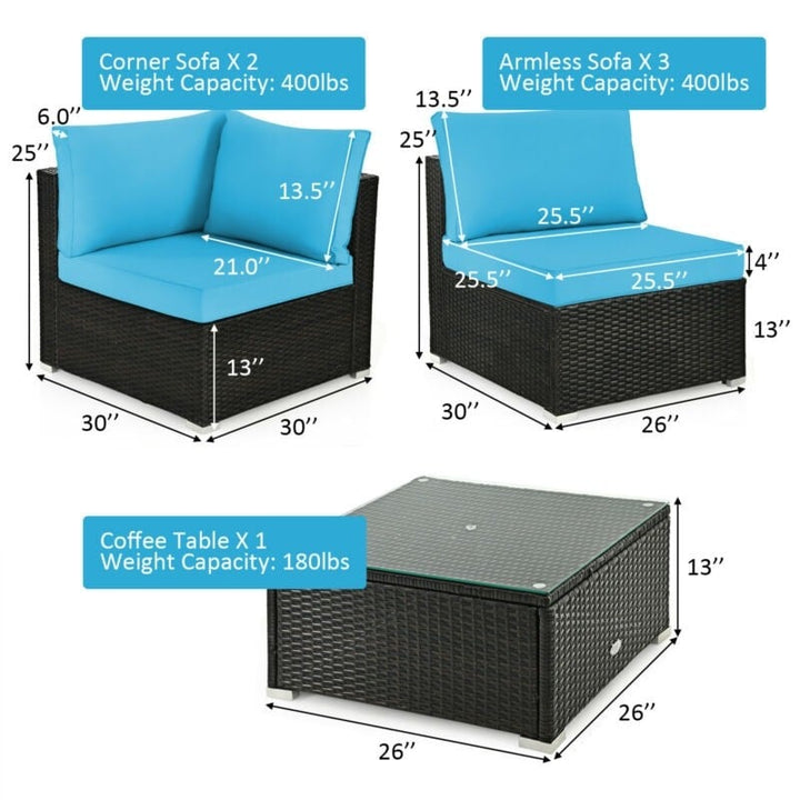 6 Pcs Patio Rattan Furniture Set with Cushioned Sofa and Coffee Table