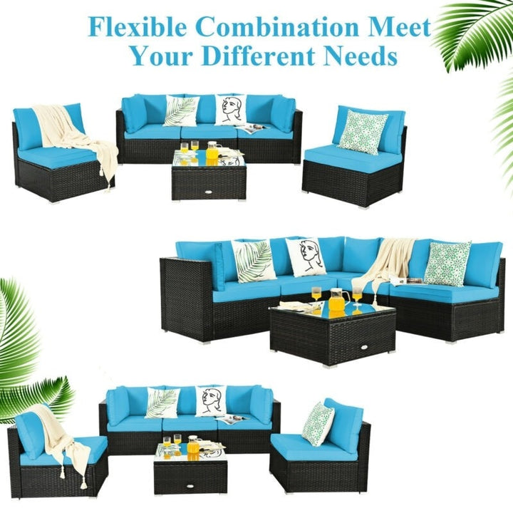 6 Pcs Patio Rattan Furniture Set with Cushioned Sofa and Coffee Table