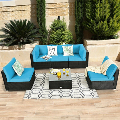 6 Pcs Patio Rattan Furniture Set with Cushioned Sofa and Coffee Table
