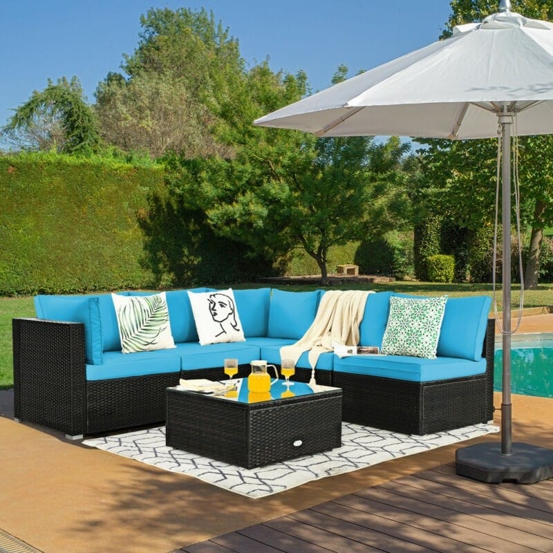 6 Pcs Patio Rattan Furniture Set with Cushioned Sofa and Coffee Table