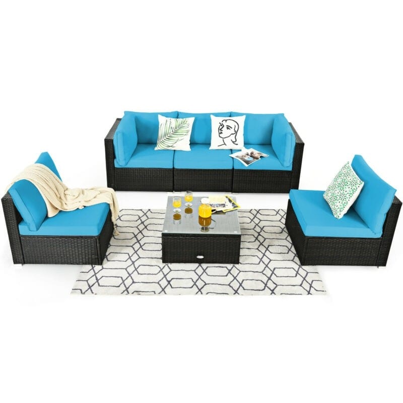 6 Pcs Patio Rattan Furniture Set with Cushioned Sofa and Coffee Table