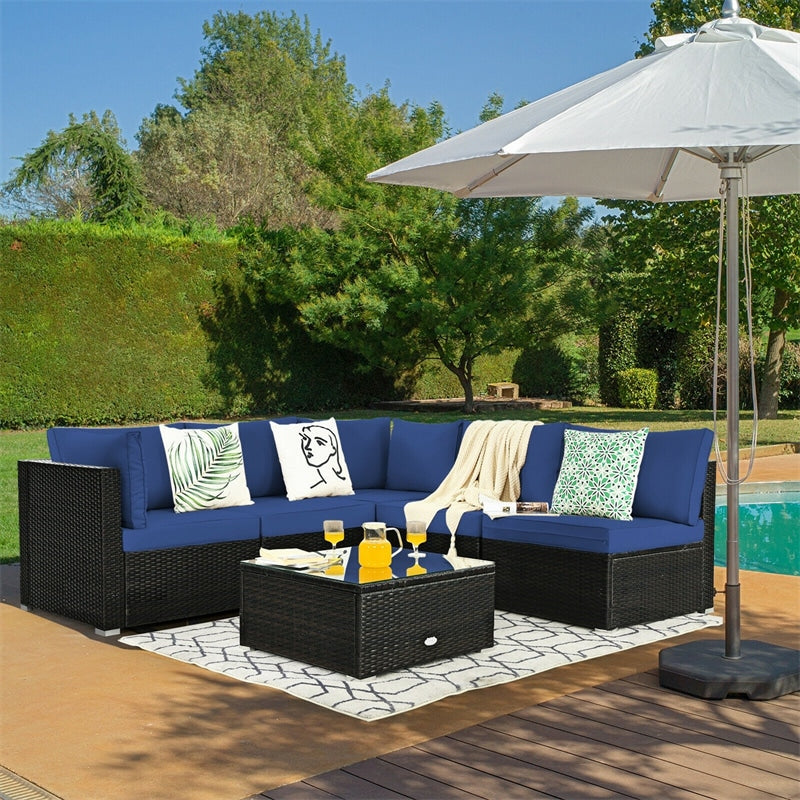 6 Pcs Patio Rattan Furniture Set with Cushioned Sofa and Coffee Table