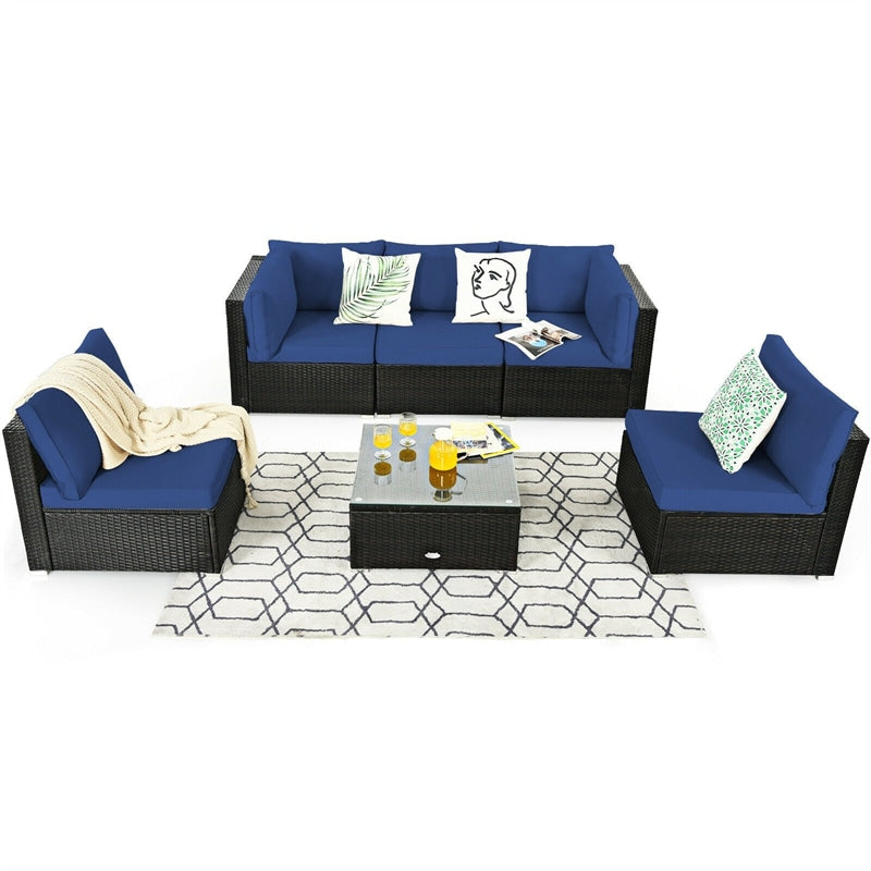 6 Pcs Patio Rattan Furniture Set with Cushioned Sofa and Coffee Table