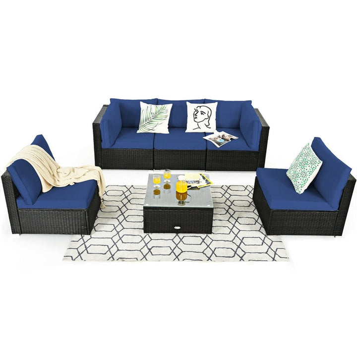 6 Pcs Patio Rattan Furniture Set with Cushioned Sofa and Coffee Table