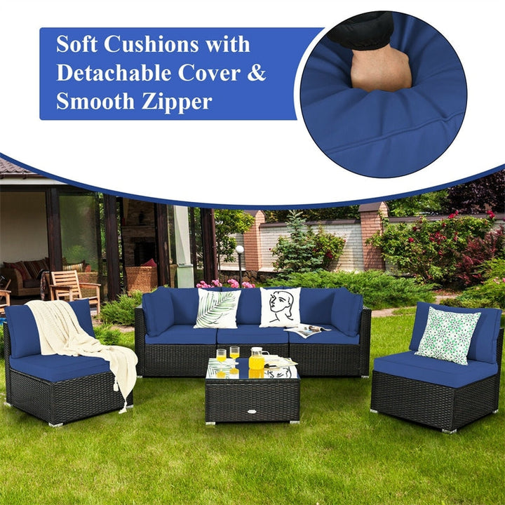 6 Pcs Patio Rattan Furniture Set with Cushioned Sofa and Coffee Table